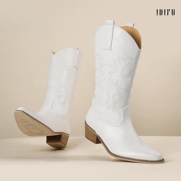 Women White Manmade Material Mid Calf Embroidered Low Heel Pointed Toe Boots - Picture 5 of 6